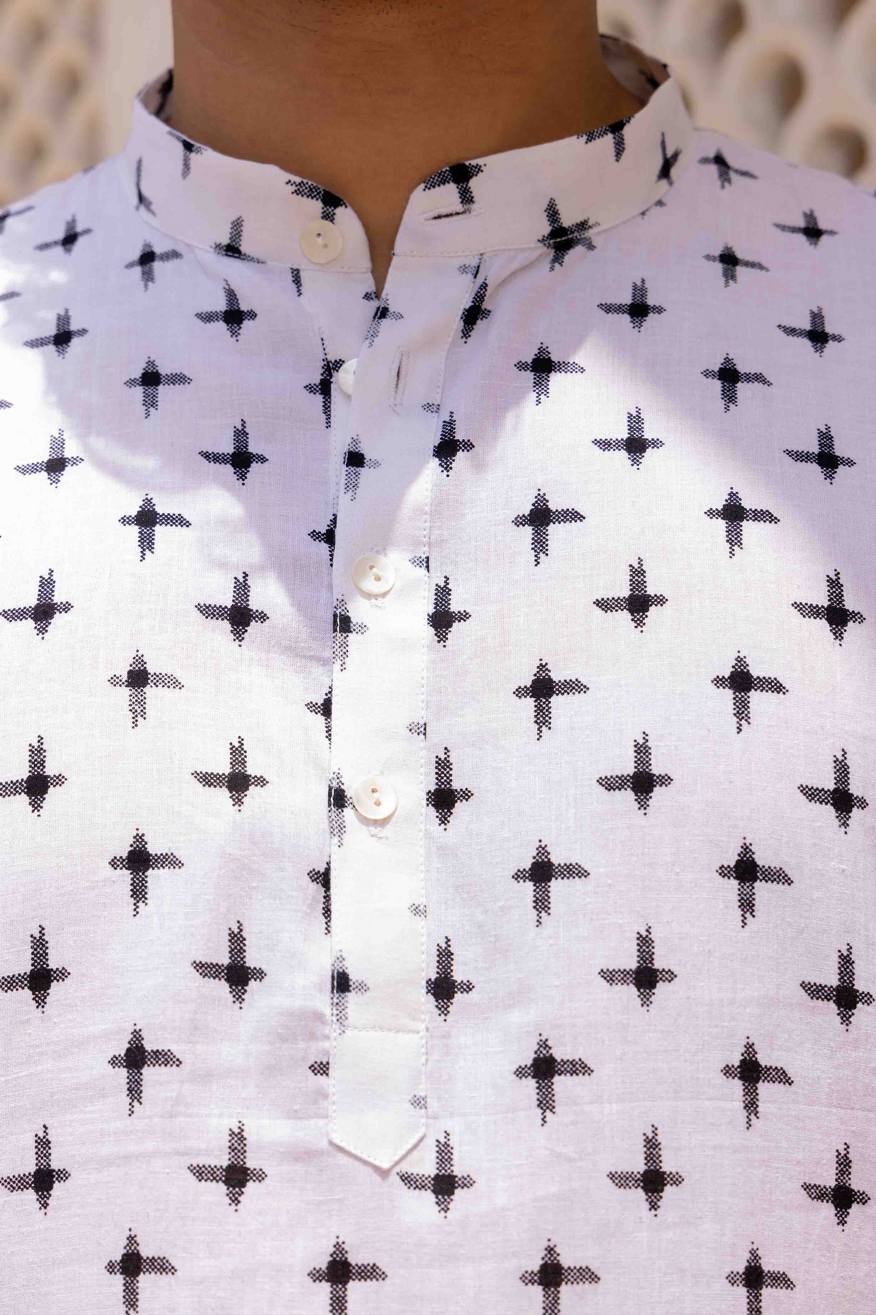 White Geometric Printed Cotton Short Kurta